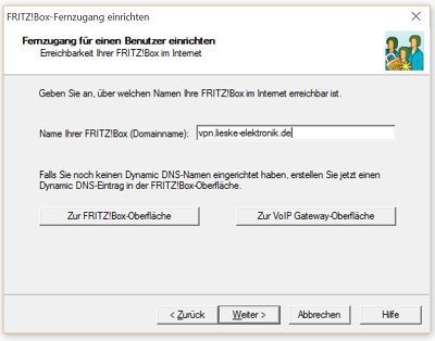 Domainname eingeben im Fritz!box-Fernzugangsprogramm
