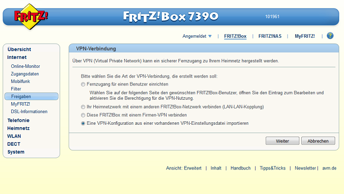 Import einer Vorhandenen VPN Konfiguarion mit dem Fritz-Box Programm