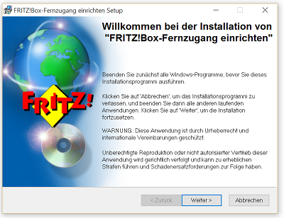 Willkommensbildschirm des Fritzbox-Fernzugang einrichten Installationsprogramms