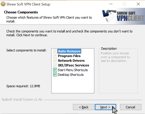 Installationsprogramm des Shrew Soft Clients - Wählen sie ihre Komponenten